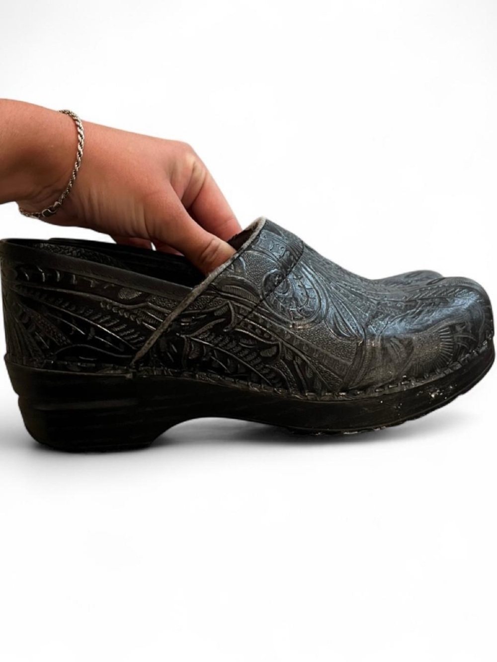 Dansko Black Embossed Leather Slip-On Clog